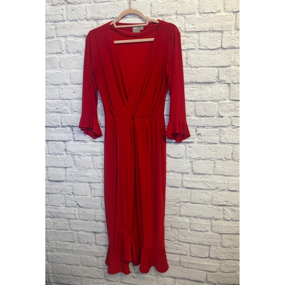 ASOS Red Midi Dress Long Sleeve Ruffle Trim Party Cocktail Evening Size 6 - Picture 1 of 8